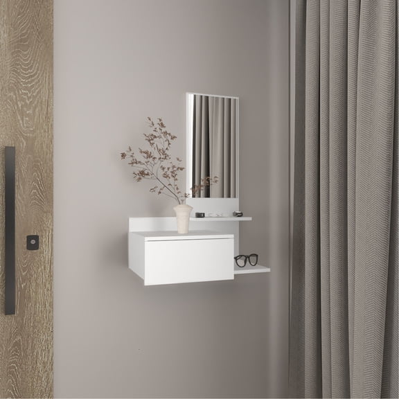 White 3-Tier Floating Console with Mirror and Drawer / Enhance Bedroom Decor with Storage