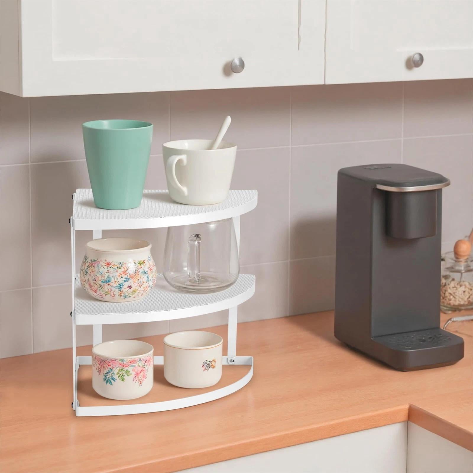 Kitchen Corner Storage Rack White 3-Tier Metal Kitchen Counter Cabinet Rack Corner Shelf Plate ...