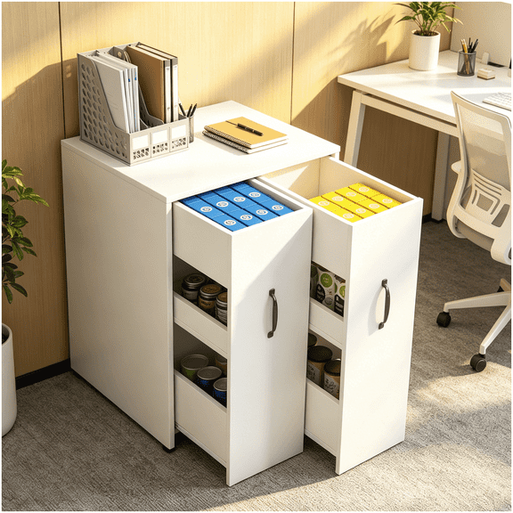 White 3-Tier Office Storage Cabinet with Sliding Drawer and Mobile Base for File Organization