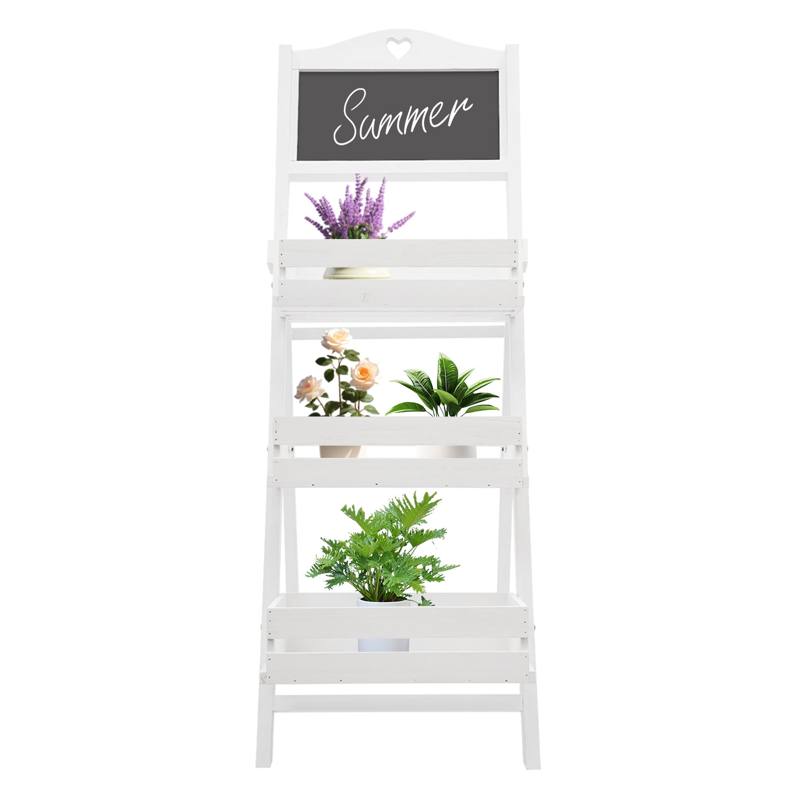 White 3 Tier Plant Stand, Foldable Wooden Plant Rack with Chalkboard ...