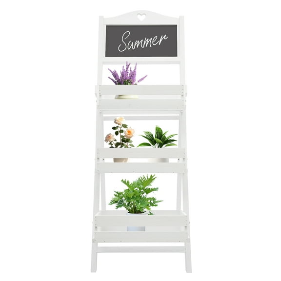 White 3 Tier Plant Stand, Foldable Wooden Plant Rack with Chalkboard for Gardens Balconies Flower Shops Decor, Ladder Shelf for Plants Display, 22lbs Capacity