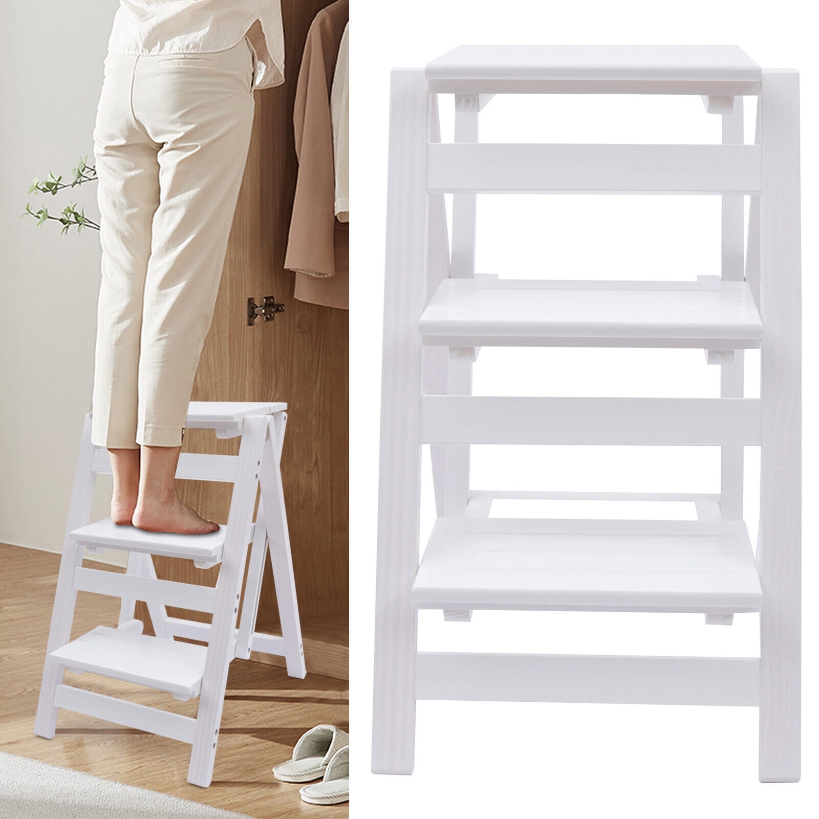 White 3 Tier Step Stool Solid Wood Folding Ladder Anti Slip Step Stool