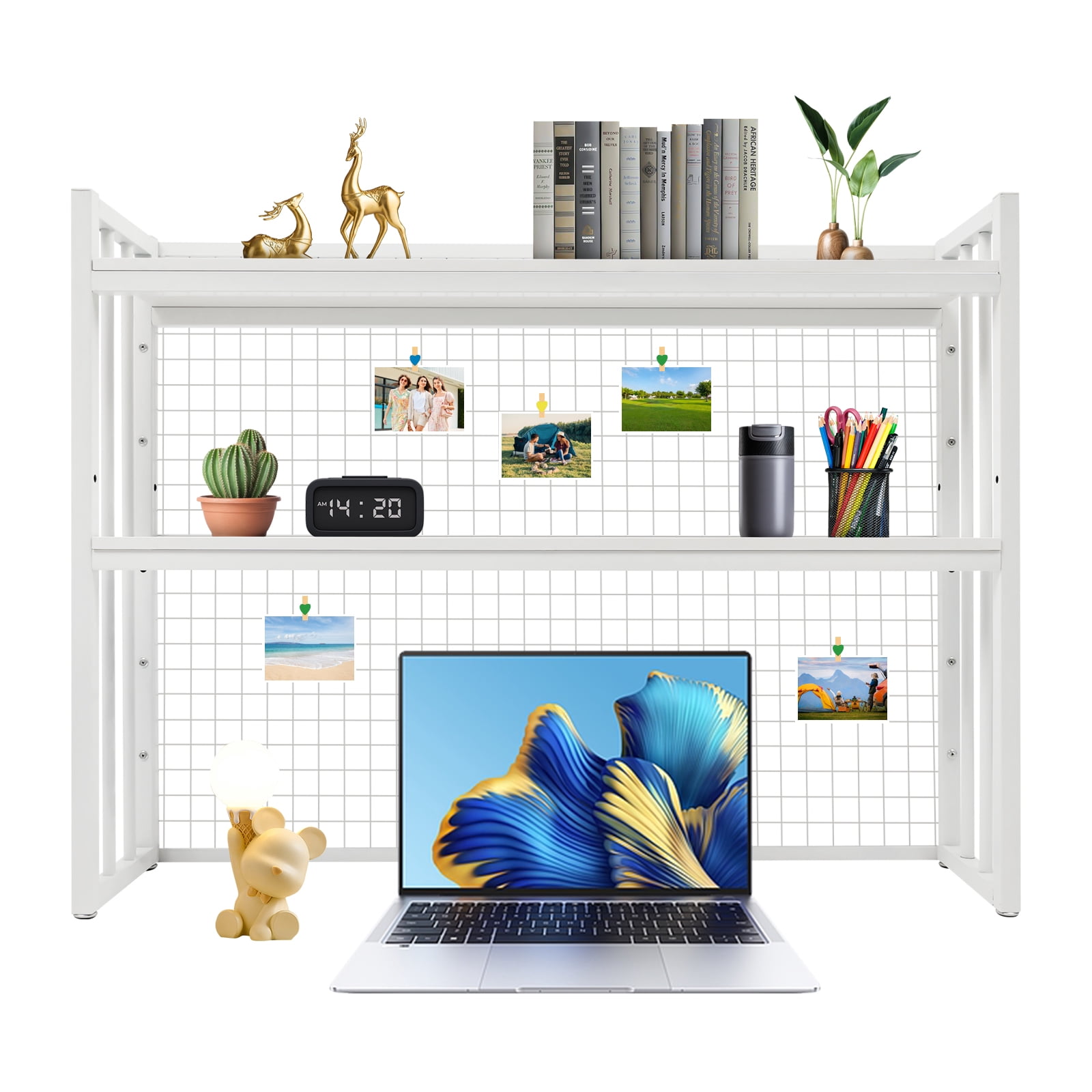 Tabletop Grid Rack White 3 Tiers Wood Desk Hutch Bookshelf with Metal Grid, 5 Hooks ...