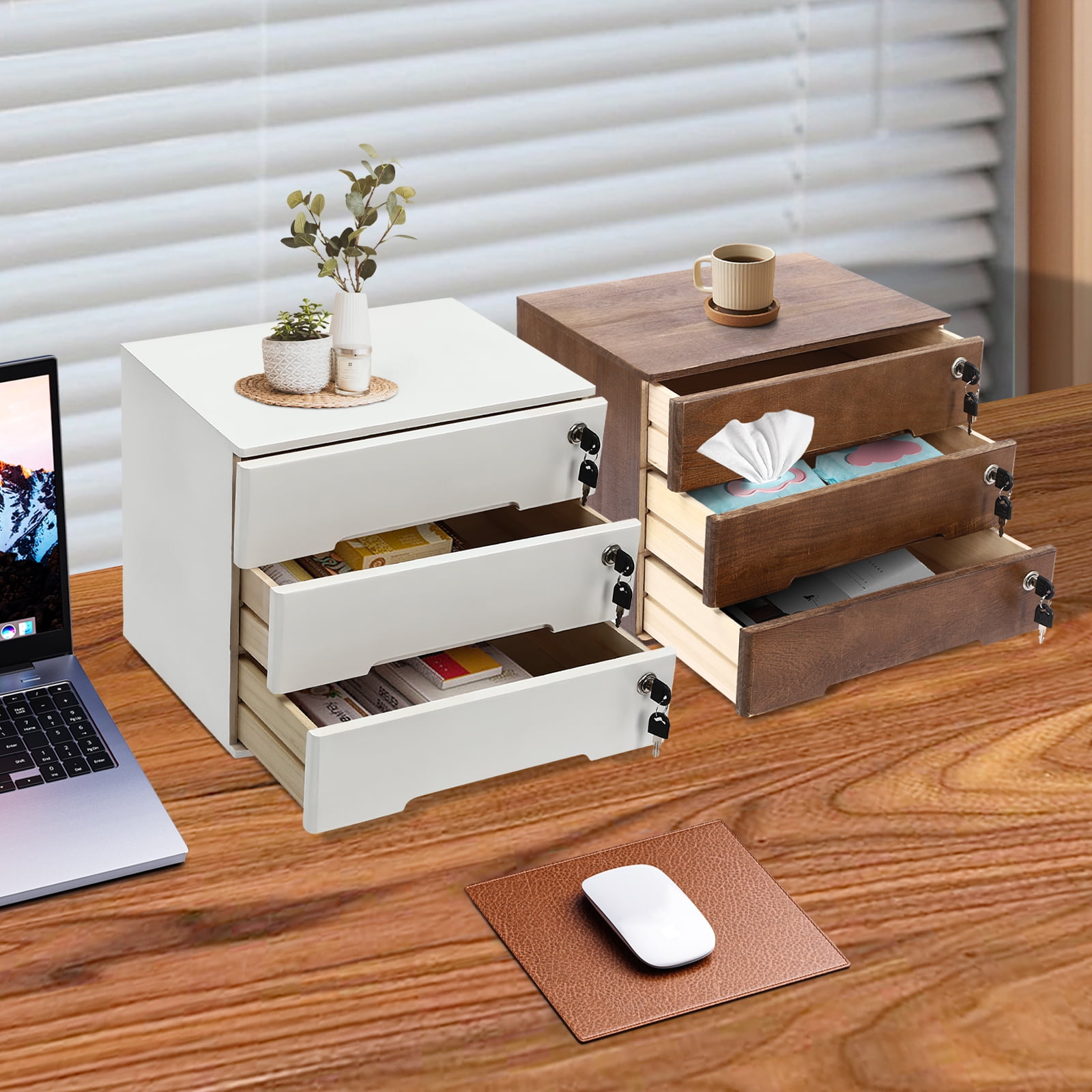 White 3-tier Wooden Desktop Storage Cabinet Office Supplies File ...