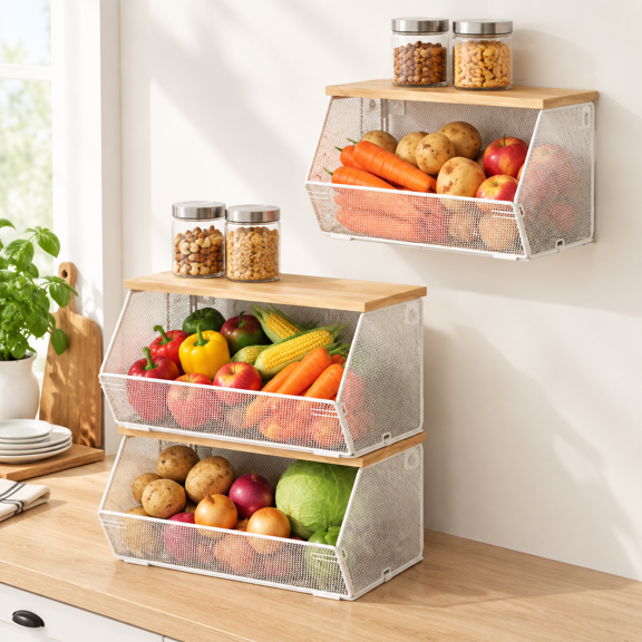 White 3 x Large Stackable Wire Storage Baskets with Wood Lids, Wall Mounted Kitchen Produce Organizers