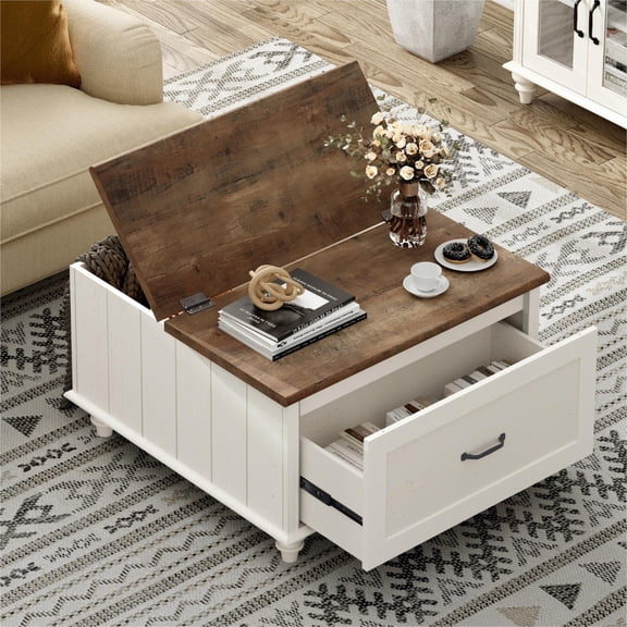 White 30 Inch Square Farmhouse Lift Top Coffee Table with Storage Cabinet and Drawer