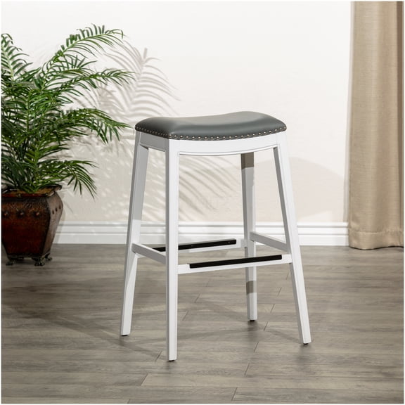 White 30 inch Bar Stool with Gray Leather Saddle Seat for Kitchen Island, Counter Height Stool with Backrest, Durable Bonded Leather Upholstery and Footrest