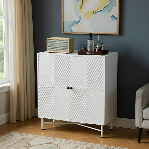 White 31.5" Fluted Coffee Bar Cabinet Wine Storage Cabinet with Wine Racks & Glass Holder, Modern Accent Sideboard Buffet for Kitchen, Dining Room, Living Room