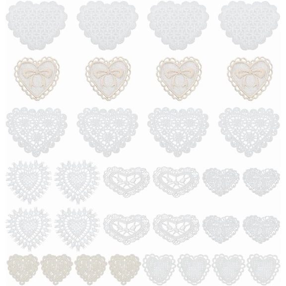 White 32 Pcs Heart Shapes Lace Applique 8 Style Heart Embroidery Patches Love Polyester Hearts Sew on Patch Clothing Sewing Decoration Applique for Wedding Bridal Dress Party Embellishment Hat