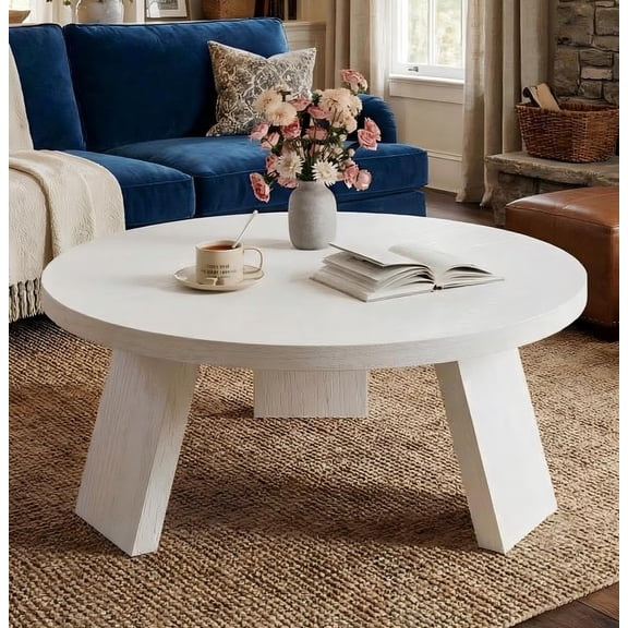 White 33.5" Modern Round Coffee Table, Circle Center Accent Table with Angled Legs for Small Spaces