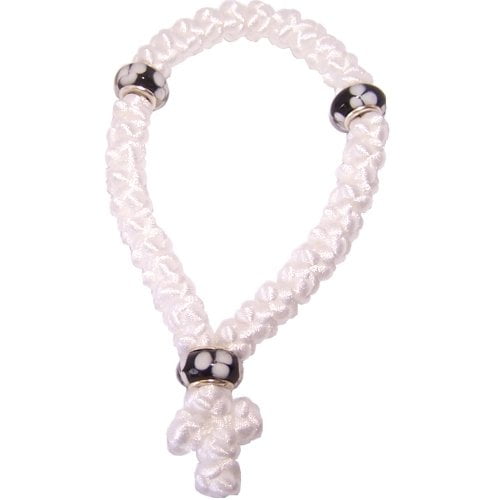 White 33 knots chotki made with grade A glass beads and thick white cord