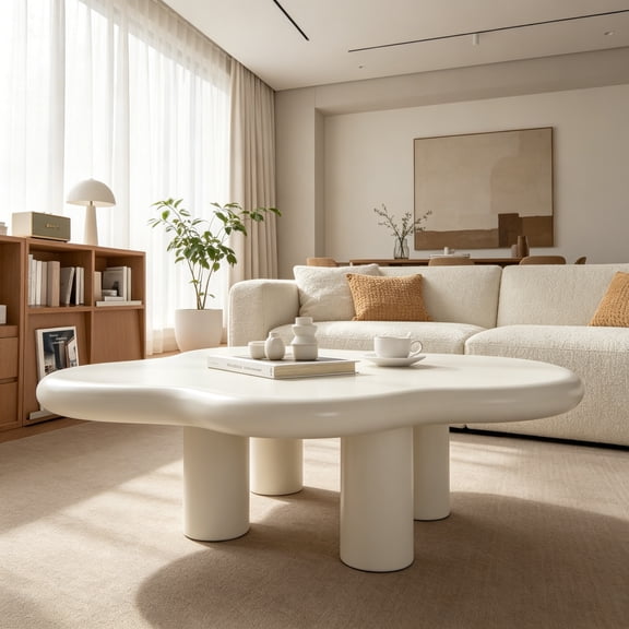 White 35.43" L Cloud Free Shape Coffee Table with 4 Legs, Cream Style Center Coffee Table for Living Room, Cute Round Corner End Table, Funky Irregular Side Table for Bedroom
