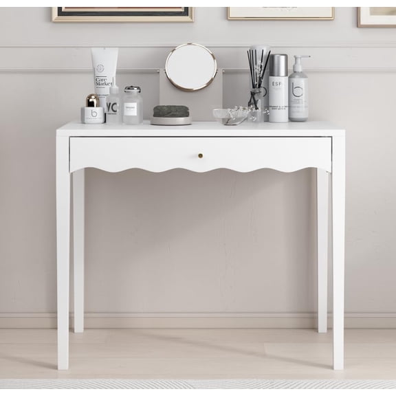 White 35.43" Vanity Desk with 1 Drawer,Makeup Table/Writing Desk, Modern Dressing Table for Bedroom, Small Home Office, No Mirror Included