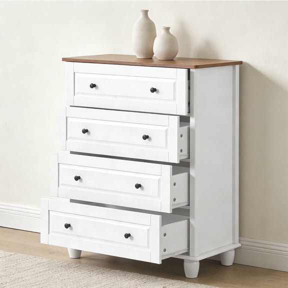 White , 36.6 Inch Height 4 Drawers Solid Wood Storage Cabinet for Clothes Accessories, with Scratch Painted Finish, for Bedroom Living Room Hallway