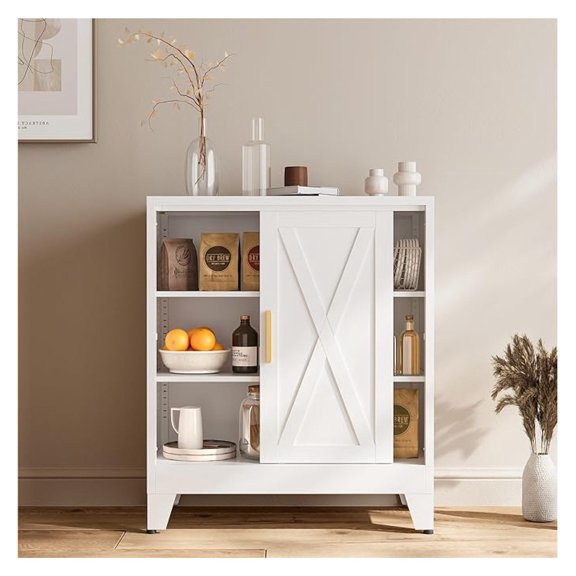 White 37" H Sliding Door Storage Cabinet, Half Open Half Closed Design, 3-Tier Kitchen Organizer with Adjustable Shelves, 150 lbs Top, Metal Coffee Bar & Buffet Sideboard for Dining Room