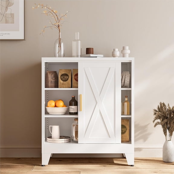 White 37" H Sliding Door Storage Cabinet, Half Open Half Closed Design, 3-Tier Kitchen Organizer with Adjustable Shelves, 150 lbs Top, Metal Coffee Bar & Buffet Sideboard for Dining Room
