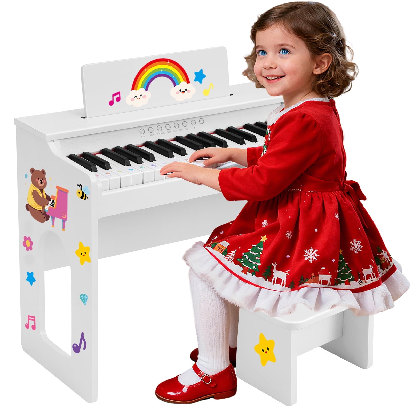 White 37Keys Kids Digital Piano Keyboards Wooden Toys Toddler Gifts for Music Education w/Bench,Stickers