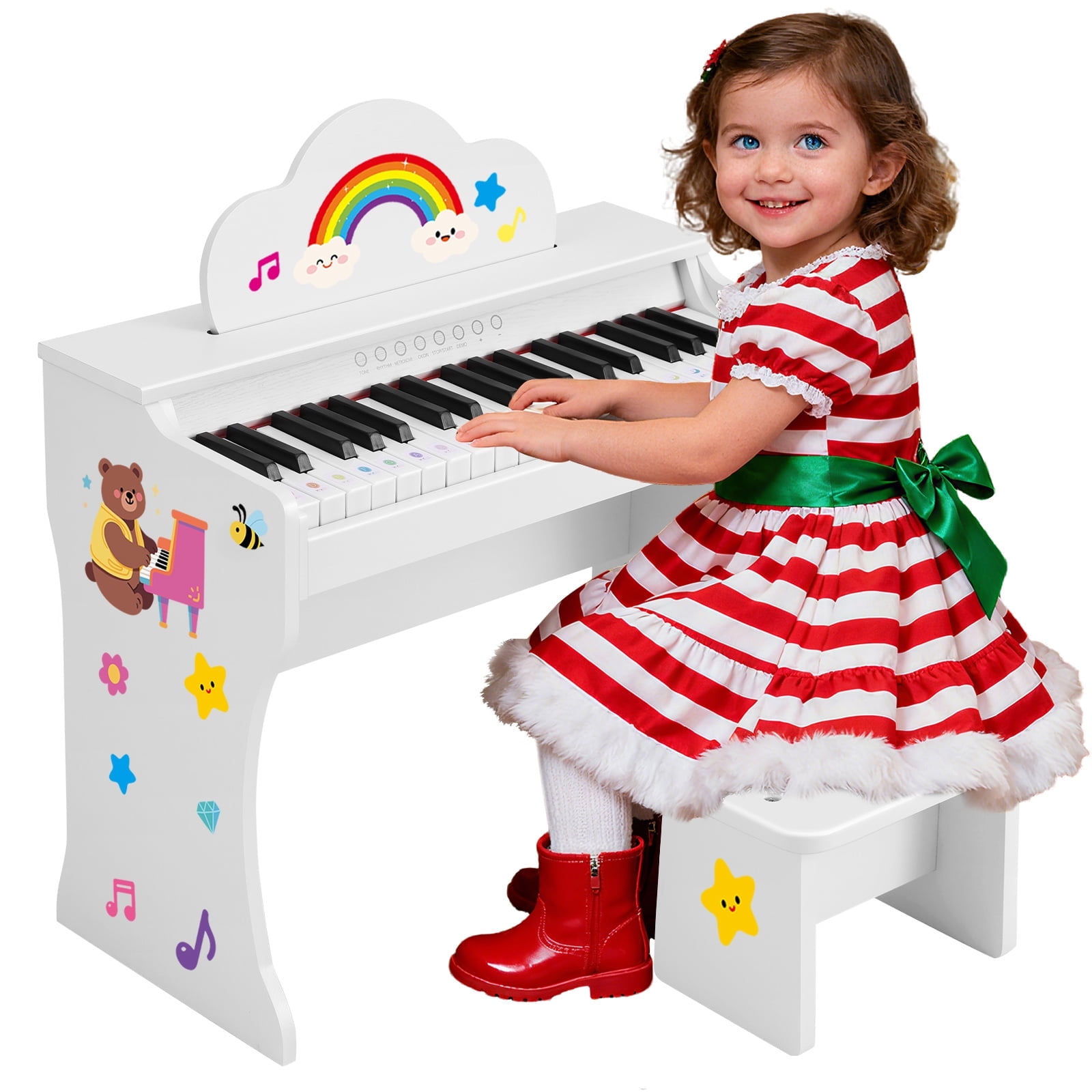 White 37Keys Kids Digital Piano Keyboards Wooden Toys for Toddlers Music Education w/Bench,Stickers