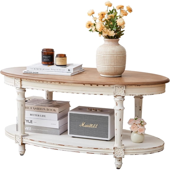 White 39-Inch French Country Two Tone Oval Coffee Table with 2-Tier Storage, Vintage Center Table for Living Room and Office