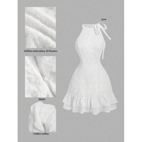 White 3D Floral Chiffon Halter Mini Dress With Bow, Ruffles And Zipper Back