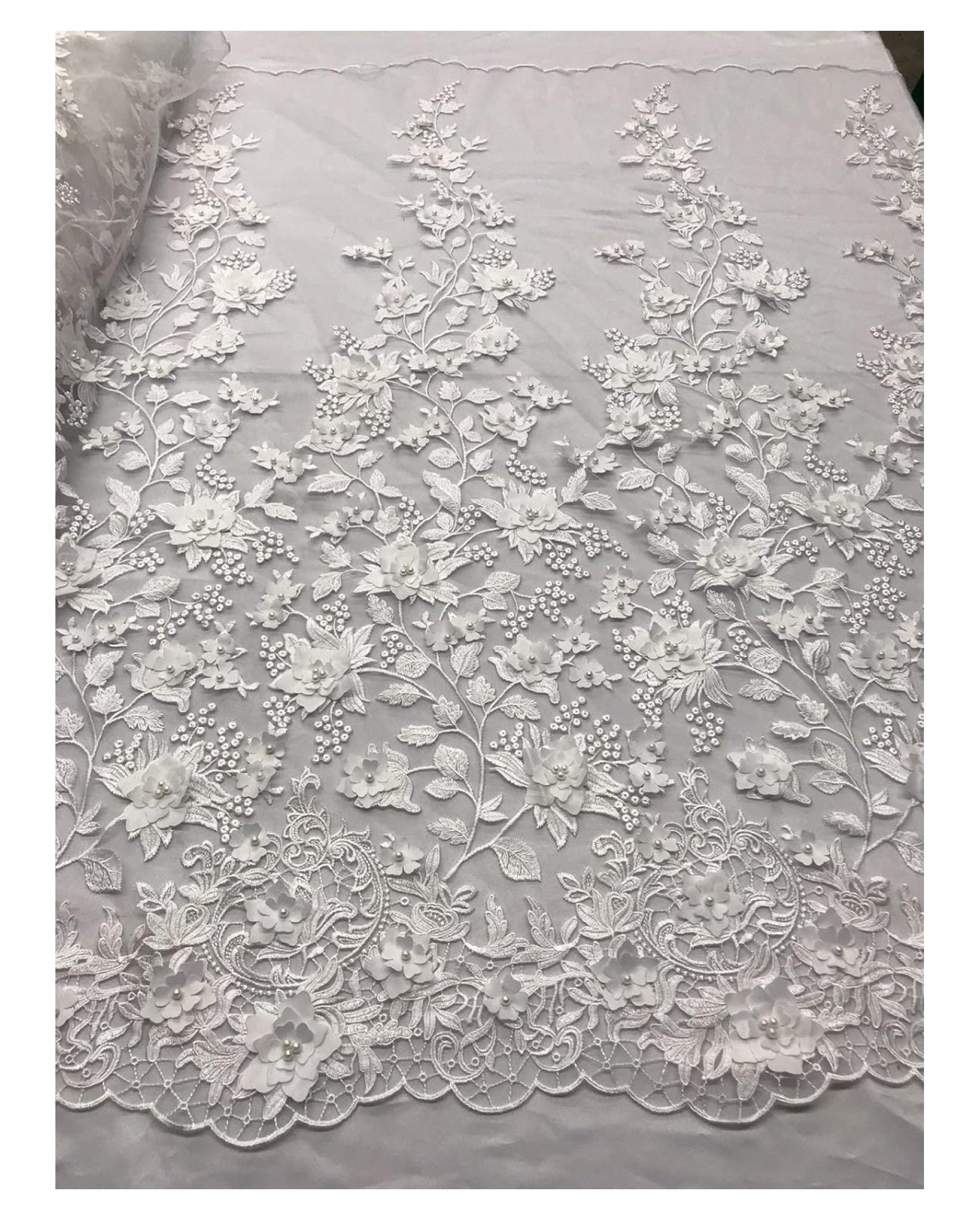 White 3D Floral Embroider with Pearls ON A MESH LACE-Sold by Yard.