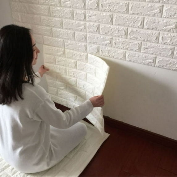 White 3D Wall Panels Peel and Stick Foam Wallpaper White Brick Self-adhesive Home Wall 3Pcs 23.62"*23.62" TV Sofa background