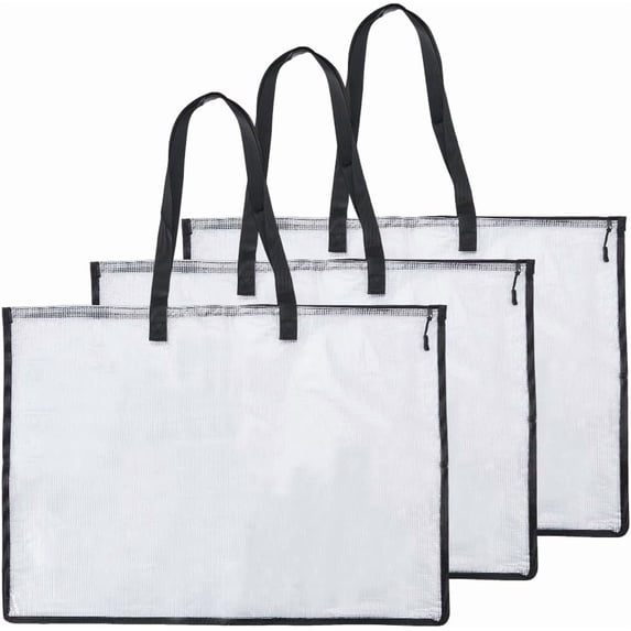 White 3Pcs Transparent Document Tote Reusable Art Portfolio Files Paper Organizer PVC Carry Pockets Teachers Art Students Storage Bag for Drawing Board Paints Pencils 18.5x24.8in