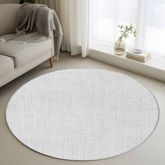 White 3ft Round Rug, Farmhouse Burlap Solid White Color Modern Linen Texture Non-Skid Rubber Backing Large Area Rugs - Living Room Bedroom Home Office, Indoor Floor Mat Carpets Washable Rug