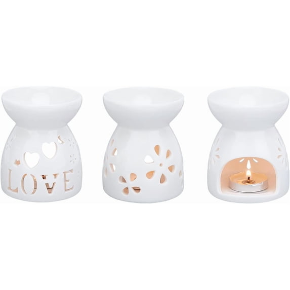 White 3pcs Hollowing Ceramic Tealight Candle Holder Sakura/Love/Peach Blossom Hollowing Pattern Aroma Burner for Fragrance Aromatherapy Essential Romantic