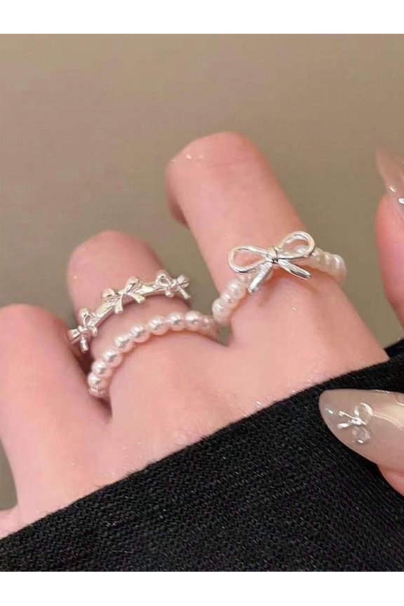 White 3pcs Minimalist Bow Knot Pearl Beaded Rings Set, Adjustable Stackable Jewelry For Daily Wear
