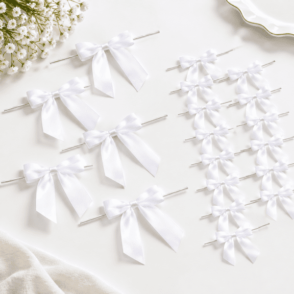 White 4.5in Pre-tied Satin Ribbon Bows with Twist Ties for Gift Wrapping and Party Decor