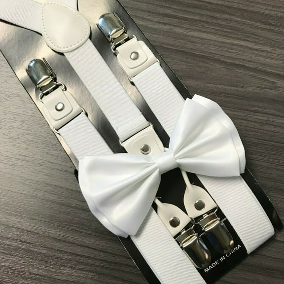 White 4 Clip Suspender + Clip on Bow-Tie Matching Set for Adults Men Women
