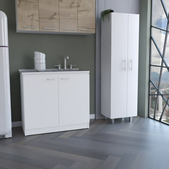 White 4-Door 2-Piece Kitchen Set - Utility Sink Cabinet with Stainless Steel Top & Pantry Cabinet with 5 Shelves, Mdf Storage Solution for Kitchen Organization