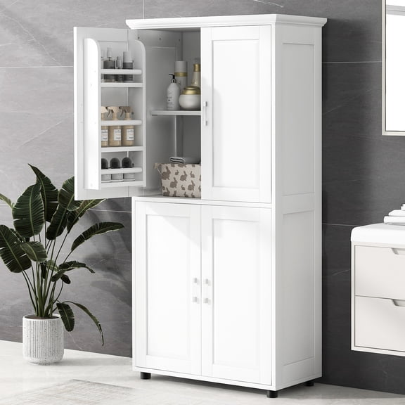 White 4-Door MDF Cabinet | Adjustable Shelves for Hairdryer | Bathroom Storage