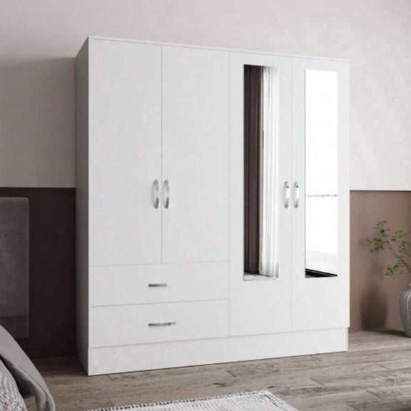 White 4-Door Wardrobe Armoire with 2 Mirrors, 2 Drawers, 10 Shelves & Hanging Rod for Bedroom