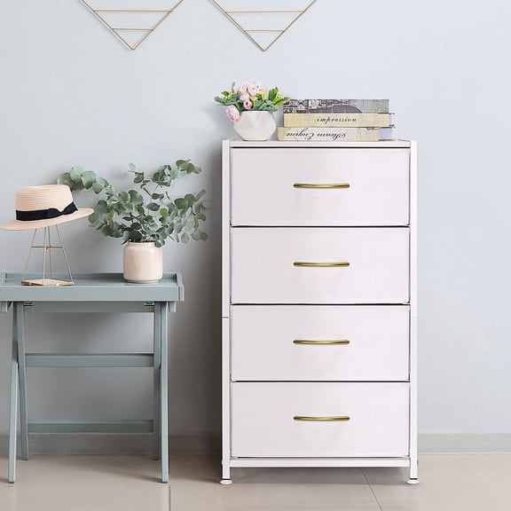 White 4-Drawer Fabric Dresser with Gold Handles, Slim Vertical Storage Tower for Bedroom, Closet, Entryway
