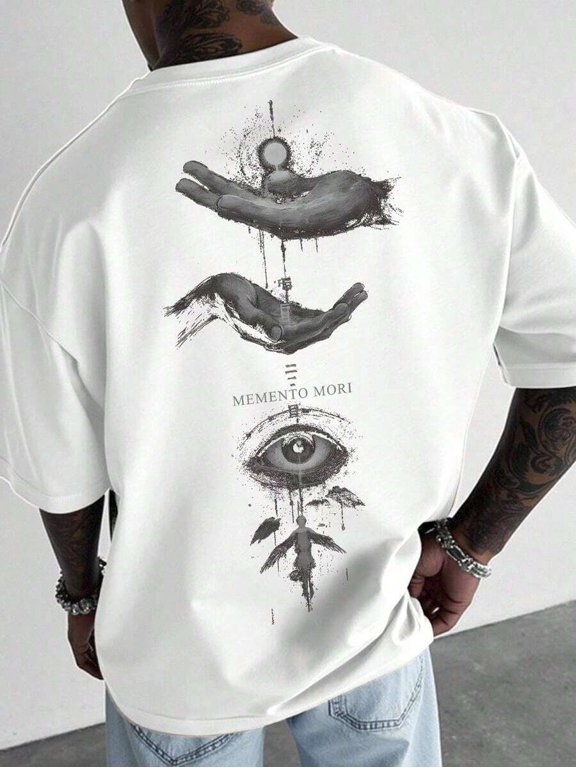 White 4 Oversized Graphic Short Sleeve T-Shirt With Memento Mori Eye & Hands Print, Streetwear Loose Fit Tee For Men