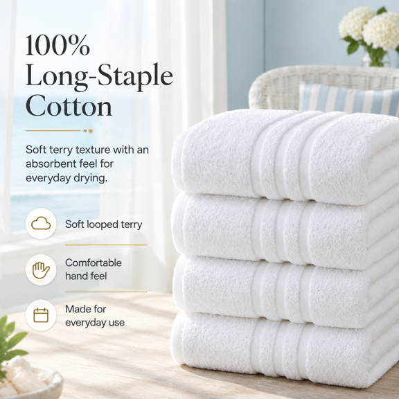 White 4 Pack – 30"x60" GOTS Certified Long-Staple Cotton Bath Towels