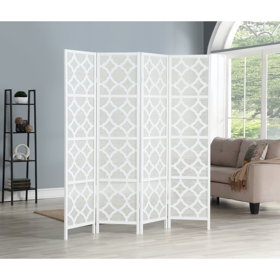 White 4-Panel Folding Room Divider Quarterfoil Diamond Pattern Wooden Privacy Screen with Rice Paper Panels for Home Partition Decor