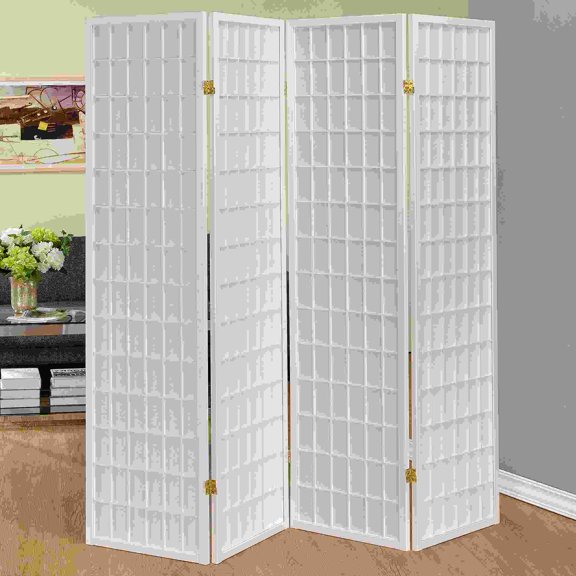 White 4-Panel Room Divider Folding Shoji Screen for Privacy and Light Diffusion, 70.25 Inch Tall Wood and Fabric Screen