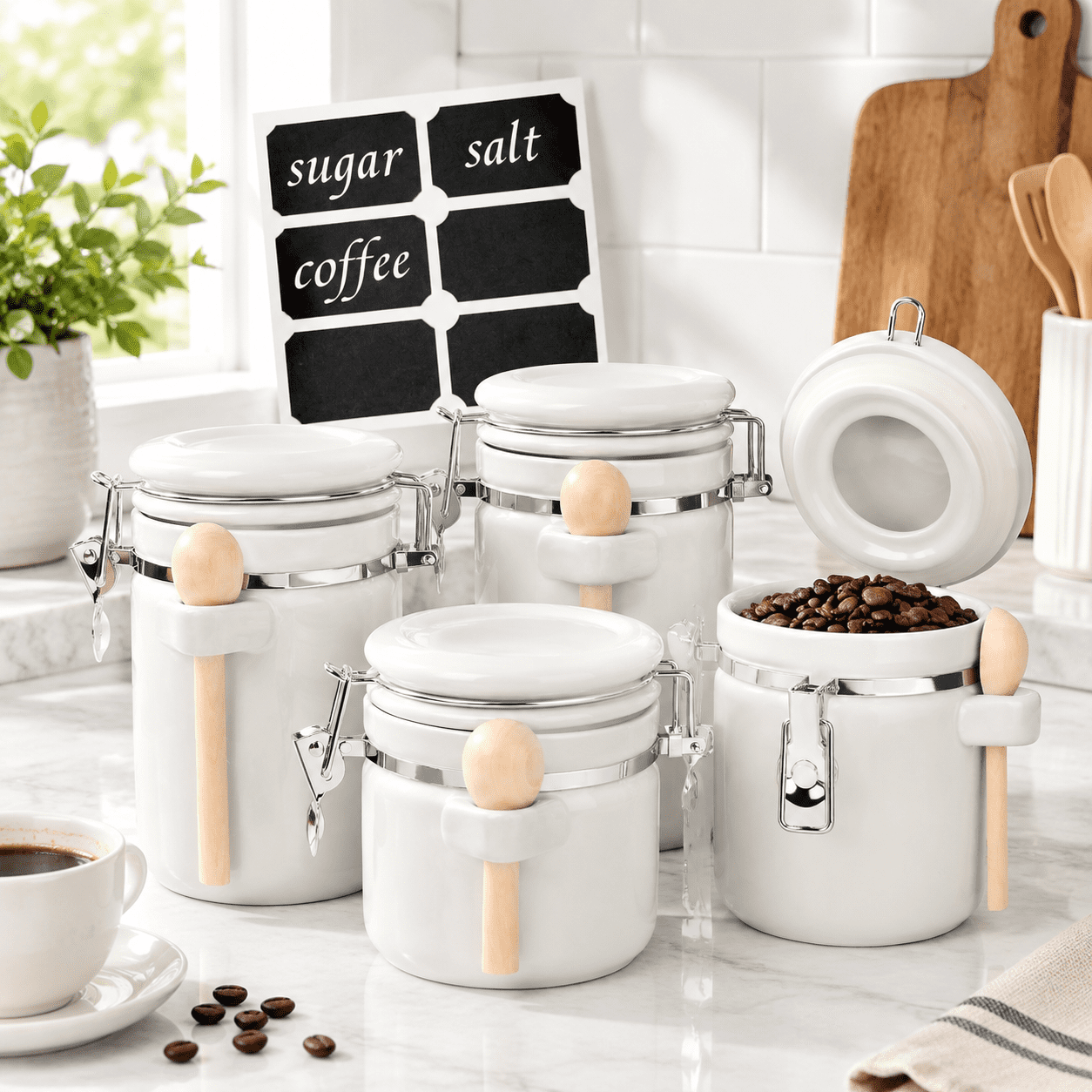Food Storage Images White 4-Piece Airtight Ceramic Food Storage Canister Set With Wooden ...
