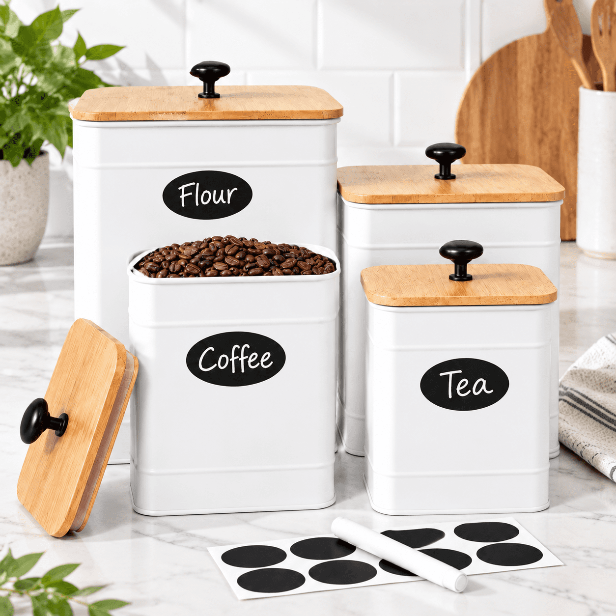 White 4-Piece Kitchen Canister Set, Airtight Metal Food Storage ...