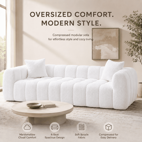 White 4-Seat Boucle Cloud Sofa, 102.7" Oversized Compressed Couch with Deep Tufted Seat, Rounded Arms, 2 Pillows, No Tools Required
