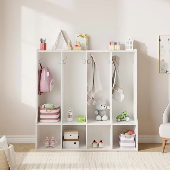 White 4-Section Classroom Coat Locker, 4 Cubbies Cubby Organizer w/8 Hooks
