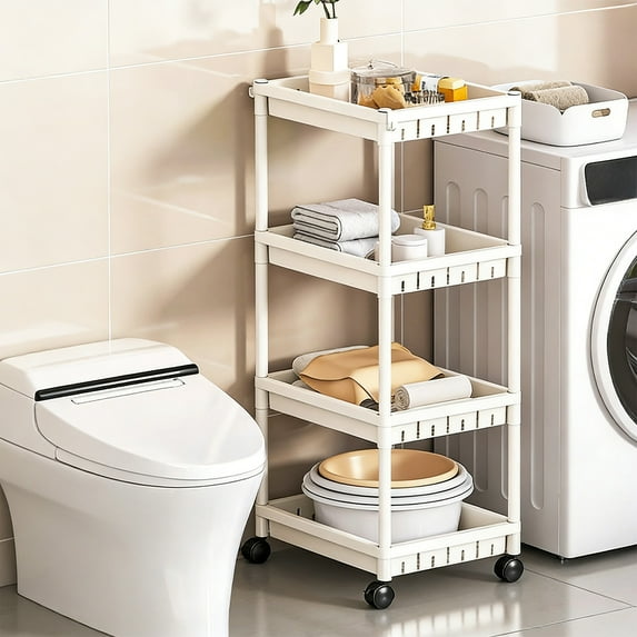White 4-Tier Movable Plastic Storage Rack with Wheels, Rolling Cart for Home