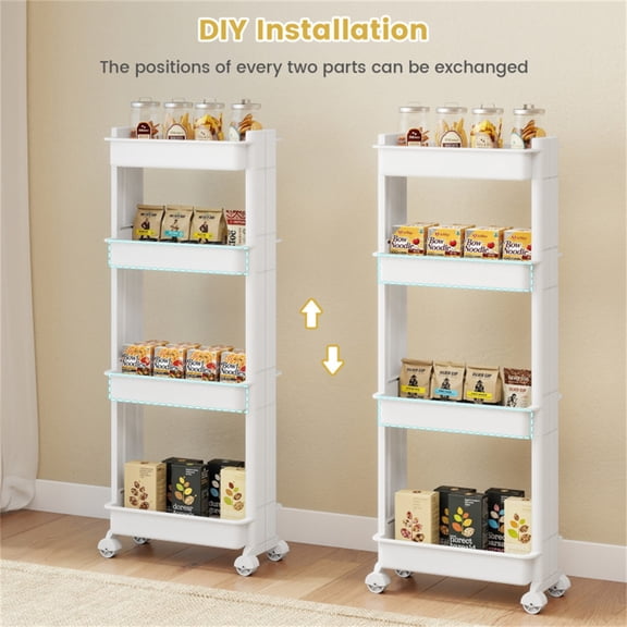 White 4-Tier Rolling Storage Cart 15.5"9"40.5"  DIY PP Cart with Detachable Ventilated Trays 360    Casters 88 LBS Capacity for Kitchen/Bathroom