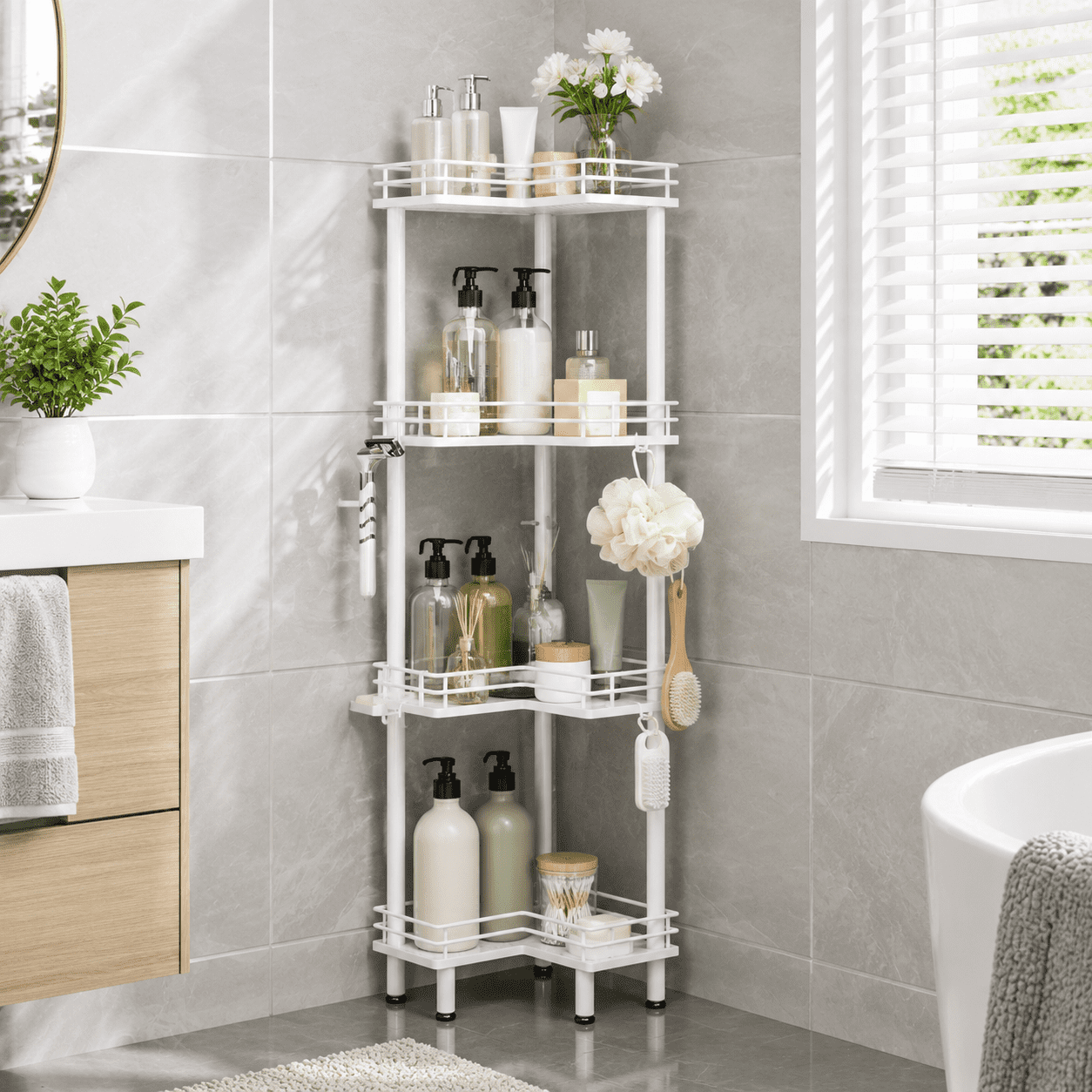 White 4 Tier Stainless Steel Corner Shower Organizer with Soap Holder ...