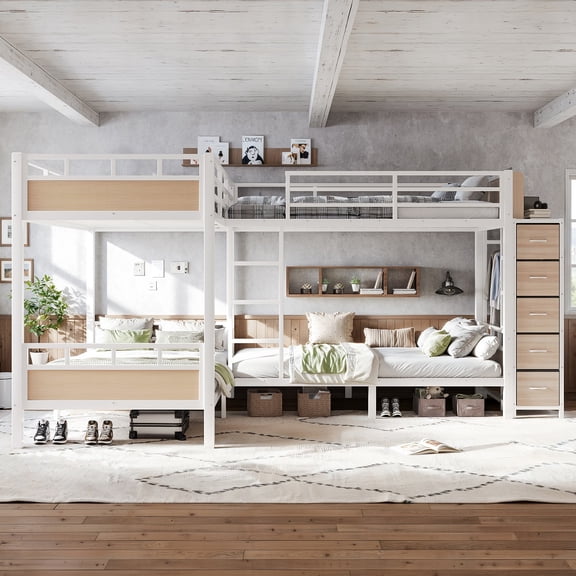 White 4 Twin Bed Frame with Built-in Wardrobe and Open Shelves, Metal Bed with Non-Woven Fabric Drawers Quad Twin Metal Bunk Bed with Storage Drawers