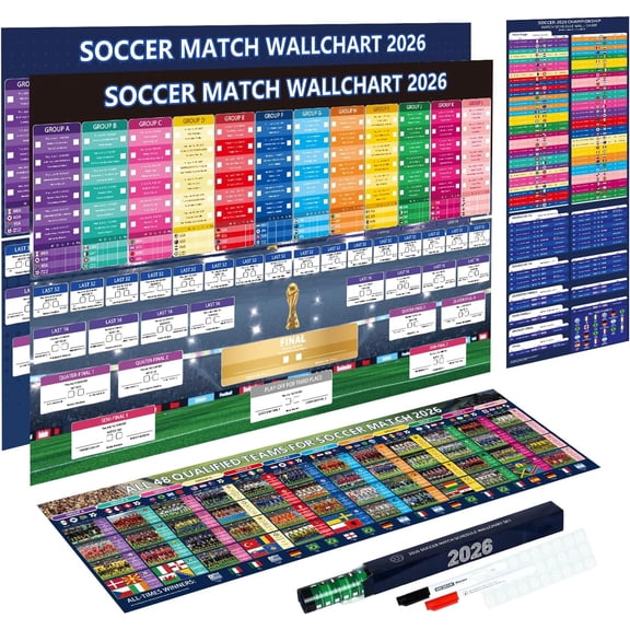 White 40"x26" World Soccer Bracket Schedule Poster Set, Double-Sided Dry Erase Wall Chart w/ Match Tracker Team Info Markers Stickers, Home Bar Watch Party Decor for Fans