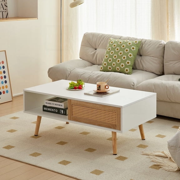White 41.34" Rattan Coffee Table Having Sliding Door & Solid Wood Legs for Living Room